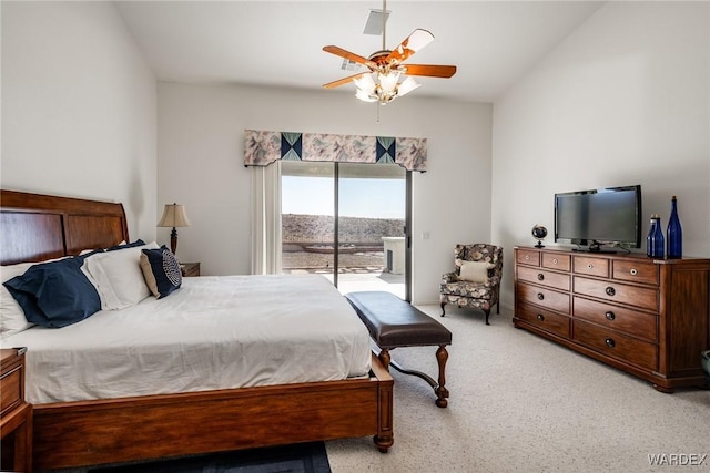 bedroom featuring light carpet, access to outside, and ceiling fan