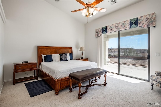 bedroom featuring lofted ceiling, access to exterior, visible vents, and light colored carpet