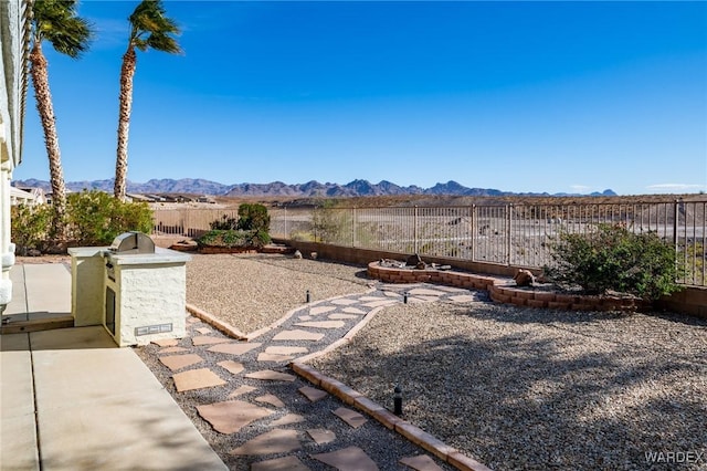 view of yard featuring a fenced backyard, a mountain view, a patio, and area for grilling