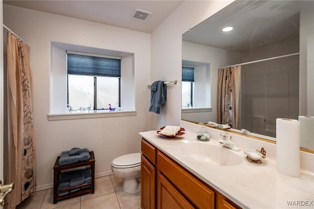 bathroom featuring recessed lighting, visible vents, toilet, vanity, and tile patterned floors