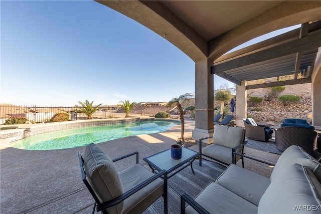 view of patio / terrace featuring outdoor lounge area, a fenced backyard, a fenced in pool, and a pergola