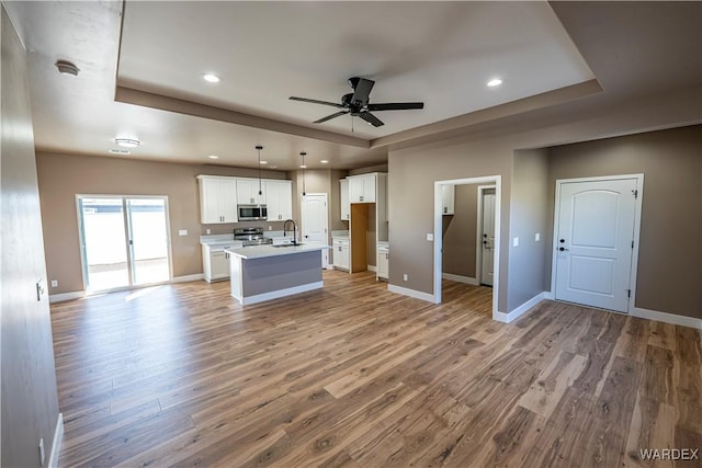 kitchen featuring stainless steel appliances, a tray ceiling, a sink, and light wood-style flooring