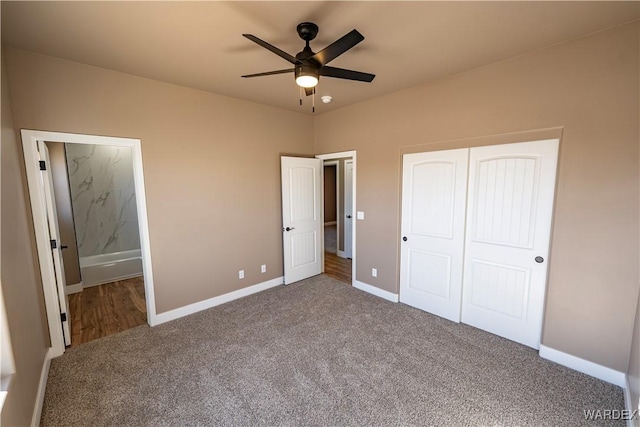 unfurnished bedroom featuring a ceiling fan, a closet, baseboards, and carpet flooring