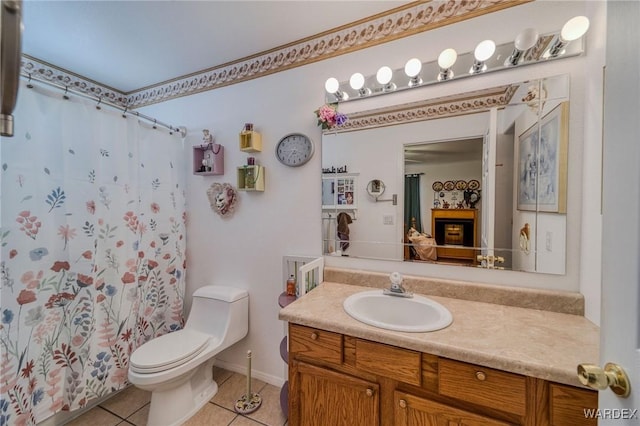 full bathroom with tile patterned flooring, toilet, a shower with shower curtain, a fireplace, and vanity