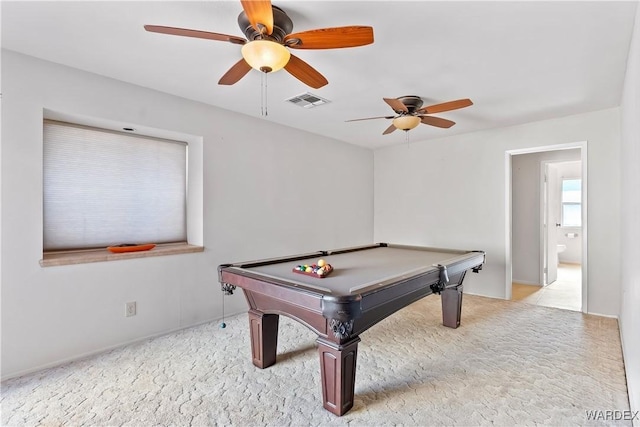 rec room featuring carpet, billiards, visible vents, and a ceiling fan