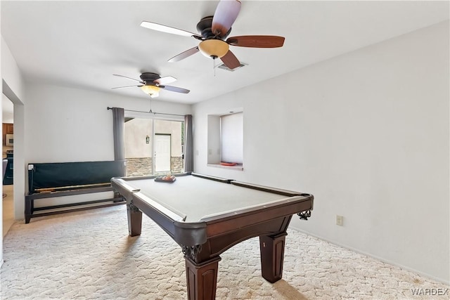 recreation room featuring light carpet, ceiling fan, and billiards