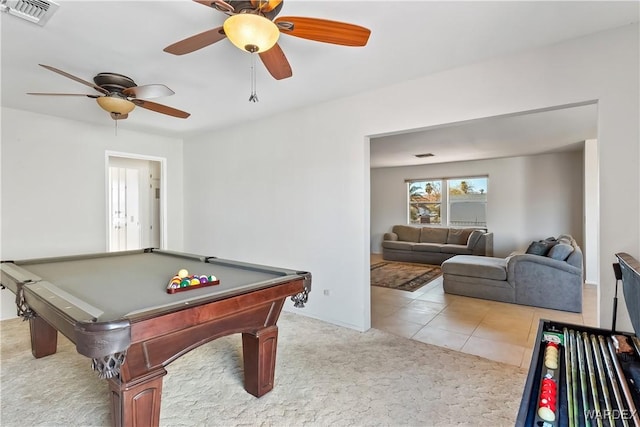 playroom featuring carpet floors, tile patterned flooring, visible vents, and a ceiling fan