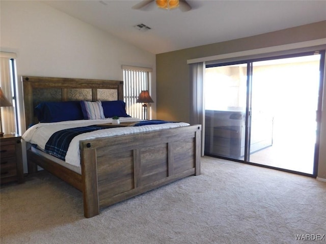 bedroom featuring light colored carpet, visible vents, a ceiling fan, vaulted ceiling, and access to outside