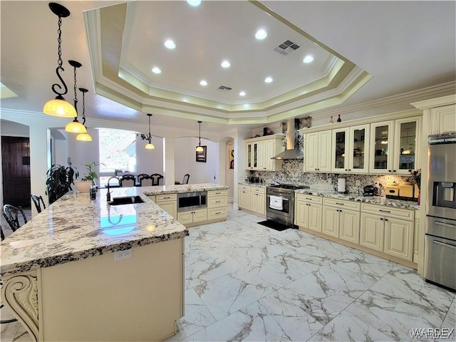 kitchen with a large island, appliances with stainless steel finishes, a raised ceiling, glass insert cabinets, and pendant lighting