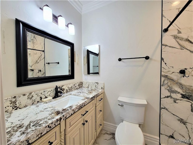 bathroom with toilet, vanity, marble finish floor, ornamental molding, and walk in shower