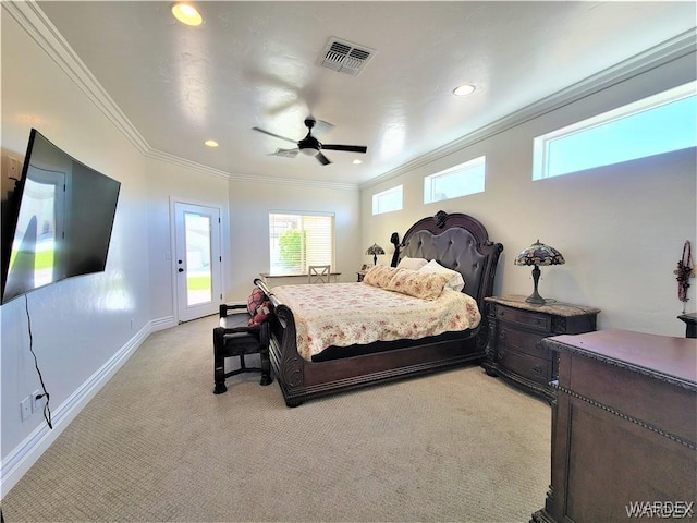 bedroom with crown molding, light colored carpet, visible vents, access to outside, and baseboards