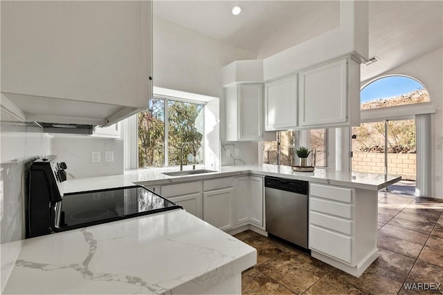 kitchen featuring electric range, white cabinetry, a sink, light stone countertops, and dishwasher