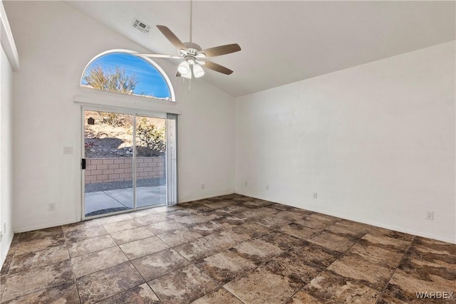 spare room featuring high vaulted ceiling, visible vents, and a ceiling fan