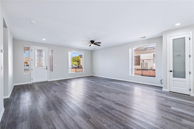 6102 S Scorpion Ln, Fort Mohave, AZ 86426 - unfurnished living room featuring dark wood-style floors, ceiling fan, and recessed lighting