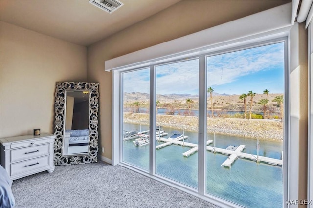 interior space with a water view, carpet, visible vents, and baseboards