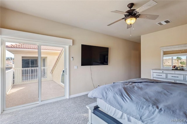 bedroom featuring light colored carpet, a ceiling fan, access to exterior, baseboards, and visible vents