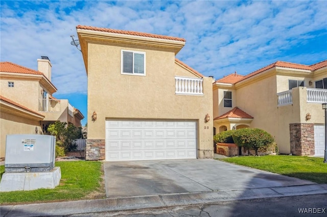 mediterranean / spanish-style home with a garage, a tile roof, and stucco siding