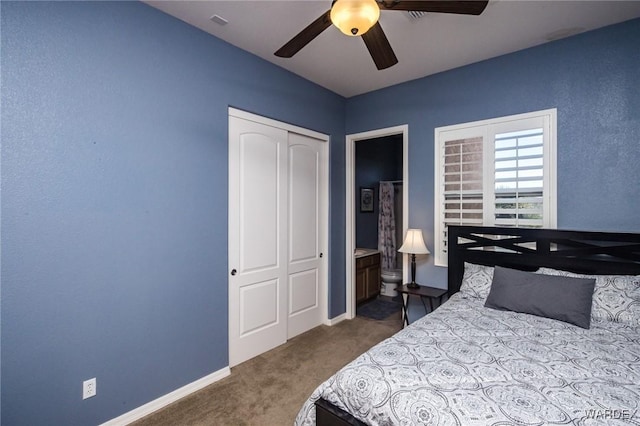 carpeted bedroom featuring a ceiling fan, baseboards, and a closet