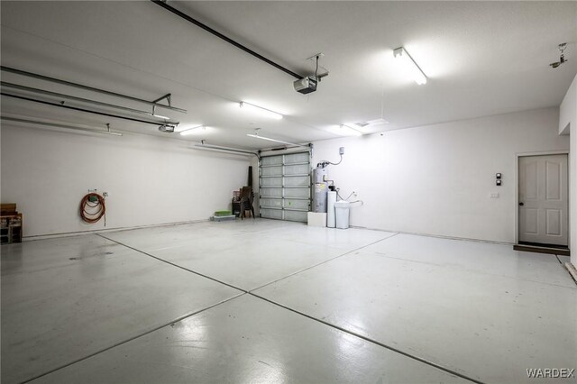 garage with a garage door opener and water heater