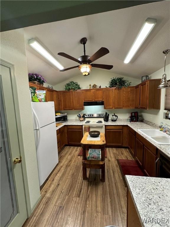 kitchen featuring hanging light fixtures, a sink, wood finished floors, white appliances, and under cabinet range hood