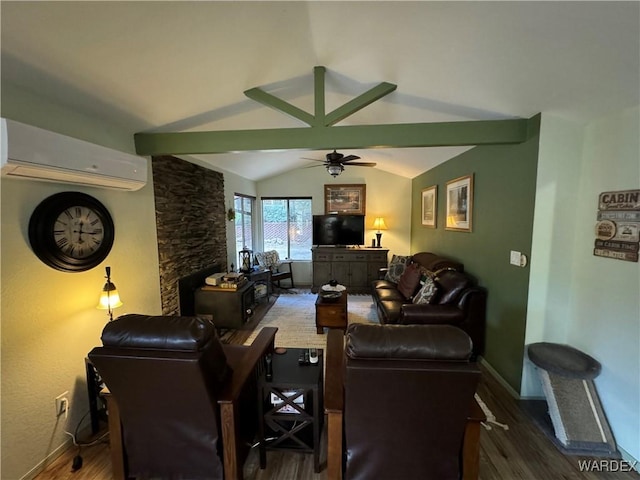 living area featuring lofted ceiling with beams, ceiling fan, a wall mounted AC, and dark wood-style floors