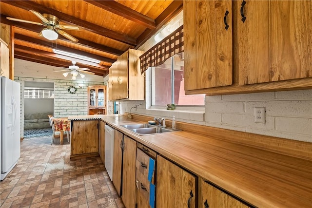 kitchen with white appliances, wood ceiling, a sink, brick patterned flooring, and a ceiling fan