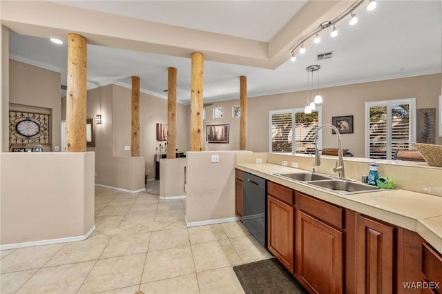 kitchen featuring black dishwasher, hanging light fixtures, light countertops, crown molding, and a sink