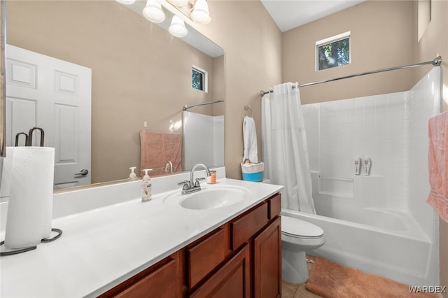 full bathroom with shower / bath combination with curtain, tile patterned flooring, vanity, and toilet