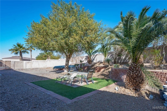 view of yard with a fenced backyard and a patio