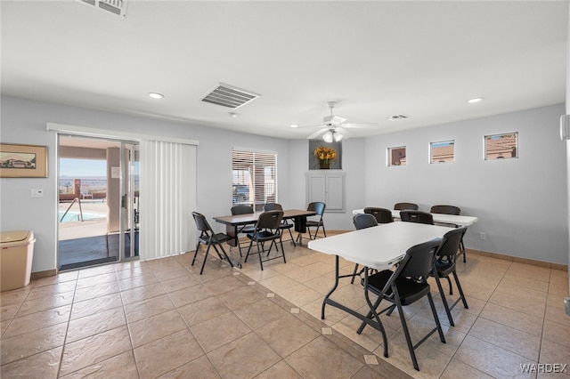 dining room featuring recessed lighting, visible vents, baseboards, and light tile patterned flooring