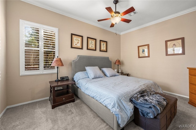 bedroom with light carpet, baseboards, visible vents, ceiling fan, and crown molding