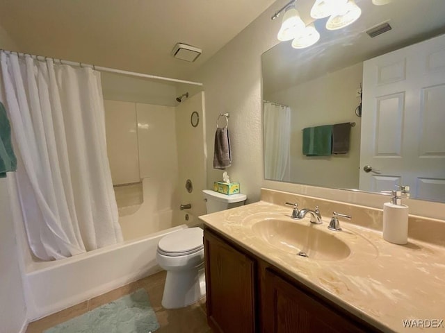 bathroom with visible vents, toilet, shower / tub combo, vanity, and tile patterned flooring