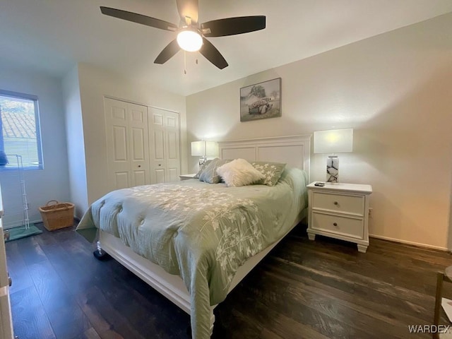 bedroom with dark wood-style floors, a closet, and ceiling fan