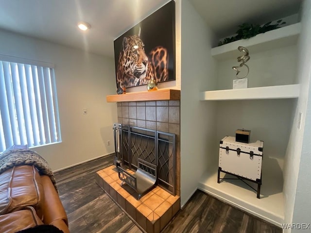 room details featuring baseboards, wood finished floors, and a tile fireplace