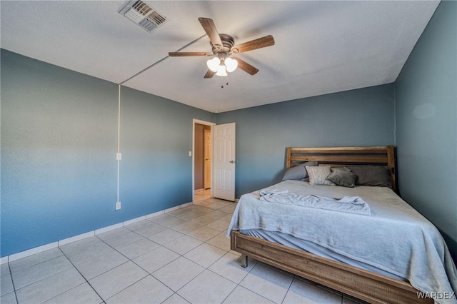 bedroom with a ceiling fan, visible vents, baseboards, and light tile patterned flooring