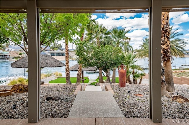 view of yard with a water view