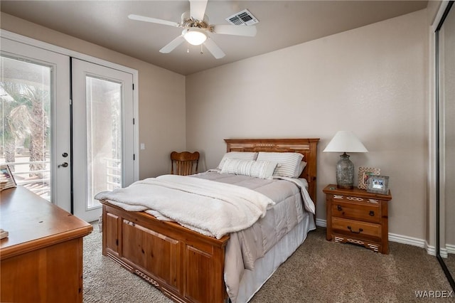 bedroom featuring visible vents, baseboards, access to outside, french doors, and dark colored carpet