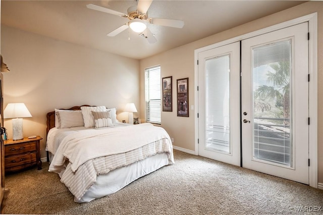 carpeted bedroom featuring access to exterior, french doors, baseboards, and a ceiling fan