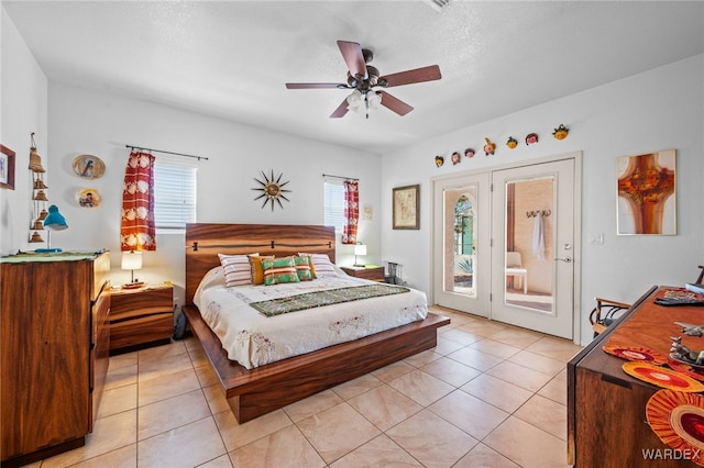 bedroom with access to exterior, light tile patterned floors, and ceiling fan