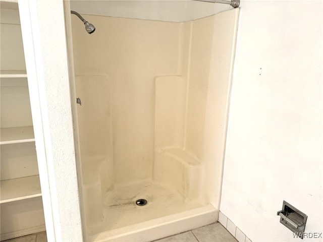 bathroom featuring tile patterned flooring and a shower stall