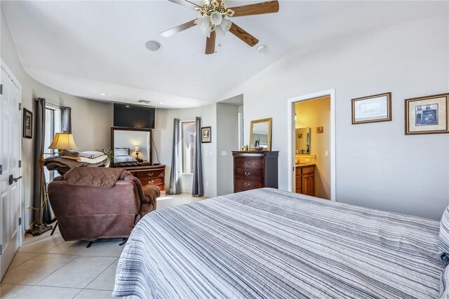 1878 E Fairway Bnd, Fort Mohave, AZ 86426 - bedroom featuring vaulted ceiling, light tile patterned floors, ceiling fan, and recessed lighting