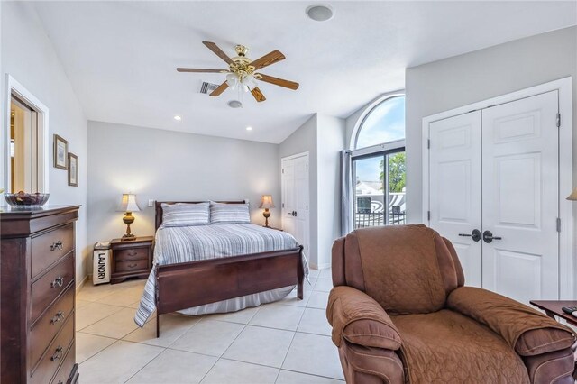 1878 E Fairway Bnd, Fort Mohave, AZ 86426 - bedroom featuring vaulted ceiling, access to exterior, light tile patterned flooring, a ceiling fan, and recessed lighting