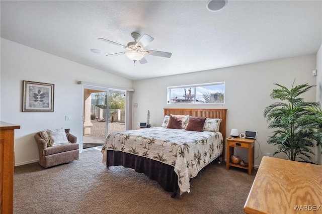 carpeted bedroom featuring ceiling fan and access to exterior