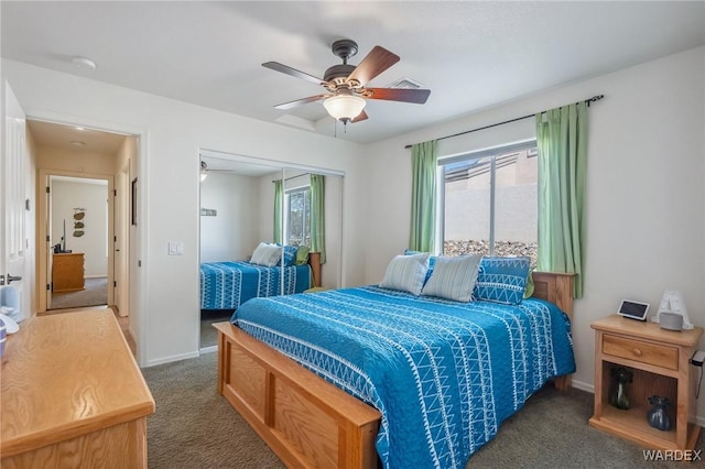 bedroom featuring a ceiling fan, a closet, baseboards, and carpet flooring