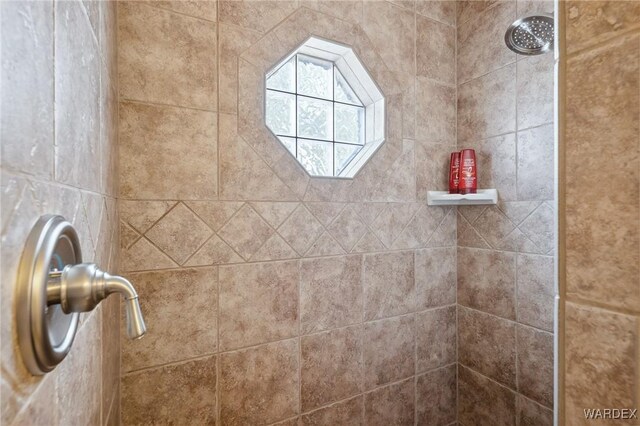 interior details featuring a tile shower