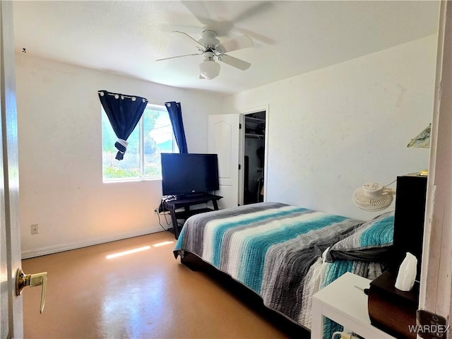 bedroom with concrete floors and ceiling fan