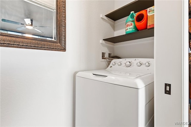 washroom featuring washer / dryer, laundry area, and a ceiling fan