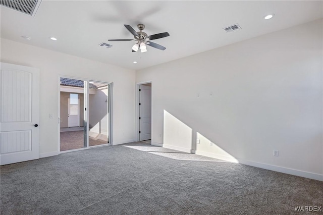 carpeted empty room with baseboards, visible vents, ceiling fan, and recessed lighting