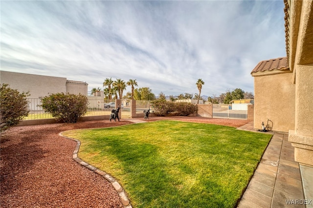 view of yard featuring a fenced backyard and a gate