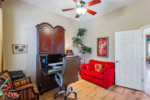 office space with a ceiling fan and light wood-style flooring